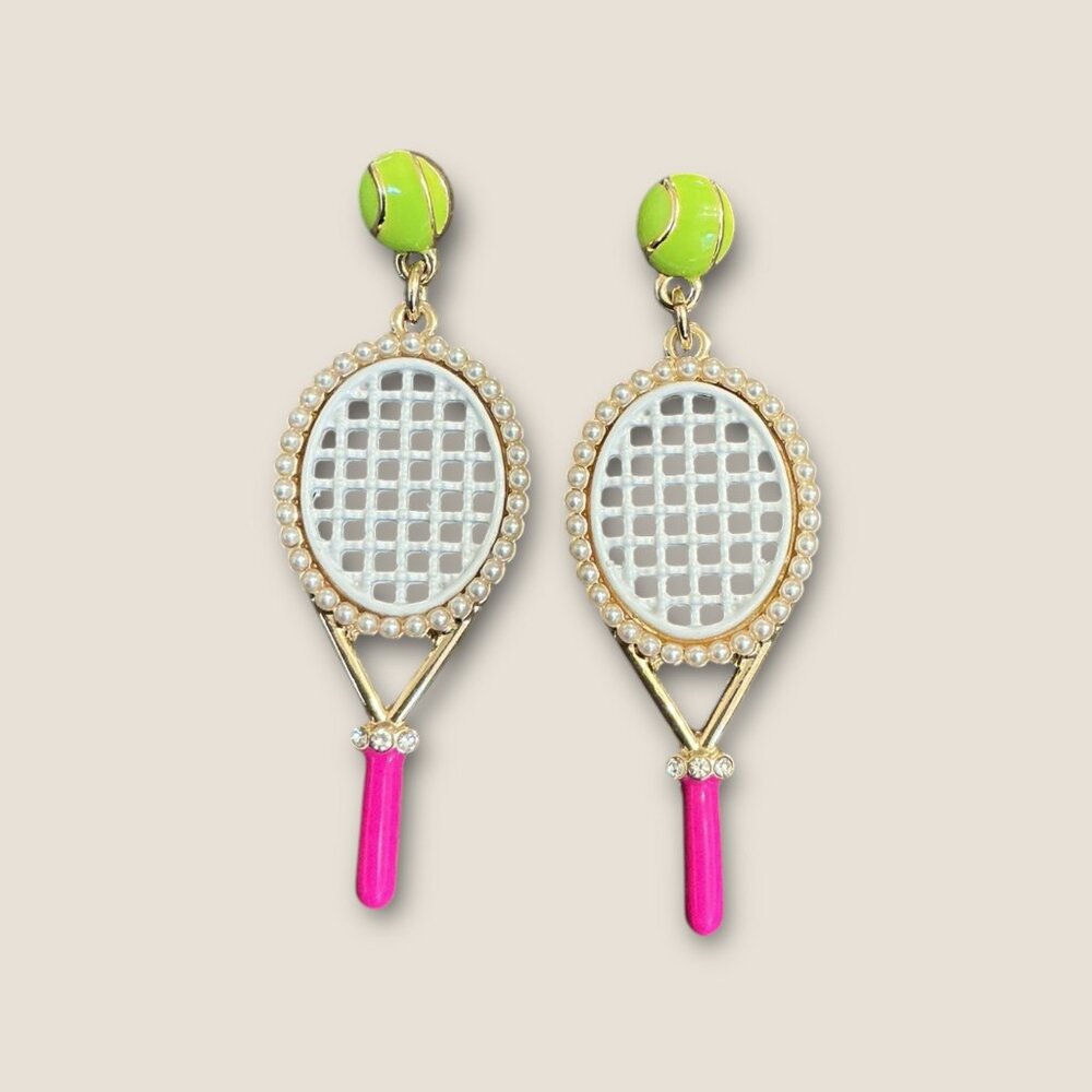 Tennis Racket Drop Earrings  Pearl & Pink Handle Accents Fun Sports Jewelry
